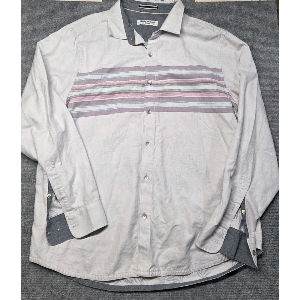 Tommy Bahama Shirt Mens Large White Stripe Button Up Canyon Beach Flannel Casual